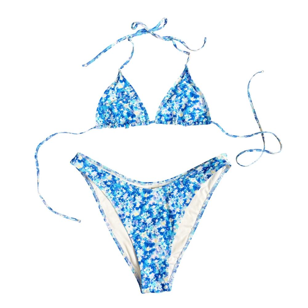 Bright Blue Floral Triangle Bikini with High Cut Bottoms Size Small/Medium EUC